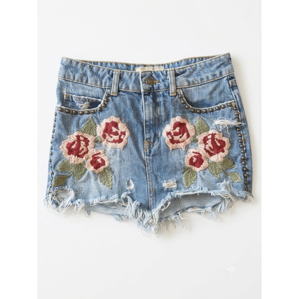 Free People Embroidered Rose Denim Mini Skirt Distressed Studded Blue Size 24